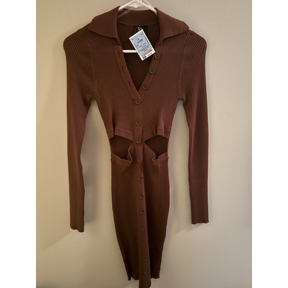Women's Chocolate Brown Sweater Dress With Cut Outs Size M NWT